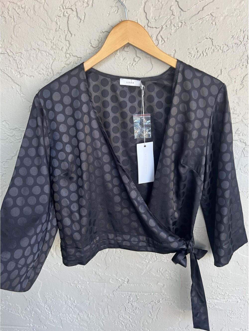 New LUSH Black Polka Dot Front Tie Wrap Sateen Blouse Size S Whimsy